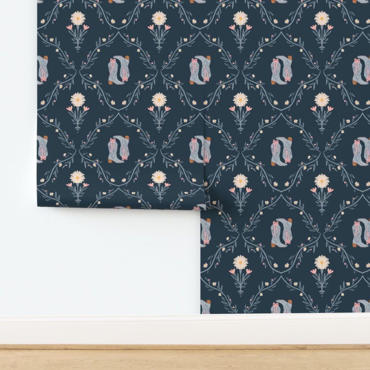Blue Boots Country Western Navy Pink Bows Daisy Wildflowers Cowboy Boot Farm Southwestern Custom Removable Wallpaper by Spoonflower Peel & Stick Wallpaper 2FT Wide
